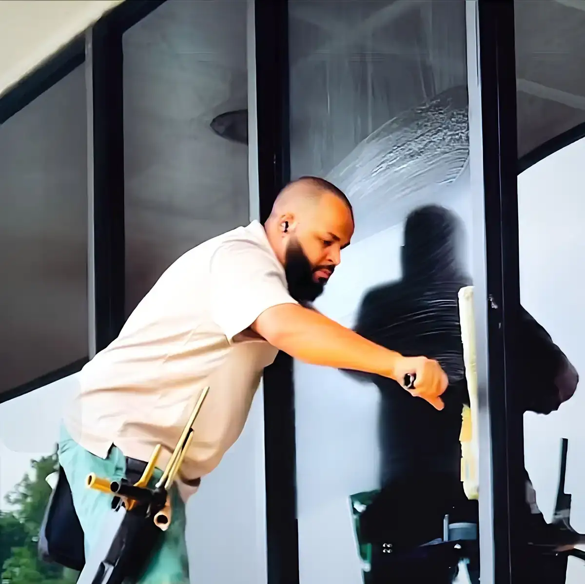 Hasan Johnston cleaning a tall window with a squeegee
