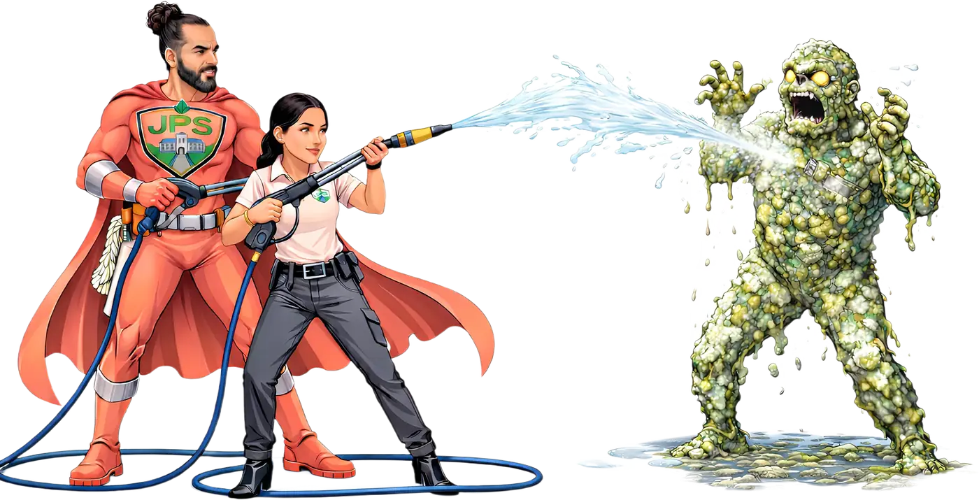 Illustration: Hasan and Zaida Johnston as the JPS superhero squad, blasting a grime monster with a pressure washer